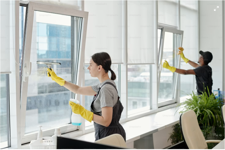 Professional cleaner wiping a conference table